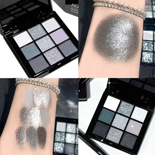 Nine-Color Eyeshadow Palette, Gray-Pink Smoky Makeup, Matte Pearlescent Silkworm Brightening Makeup