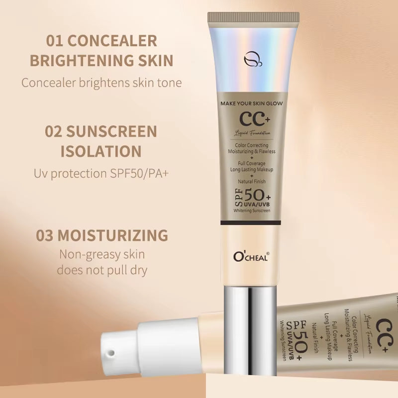 Ocheal 30G CC Cream Foundation Waterproff Concealer Moisturizing Sunscreen Liquid SPF 50+ Long Lasting Brightening Makeup Primer